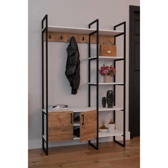 Mobile Ingresso Industrial 120x34x180 Con Scarpiera Appendiabiti E Ripiani Yago Rovere E Bianco