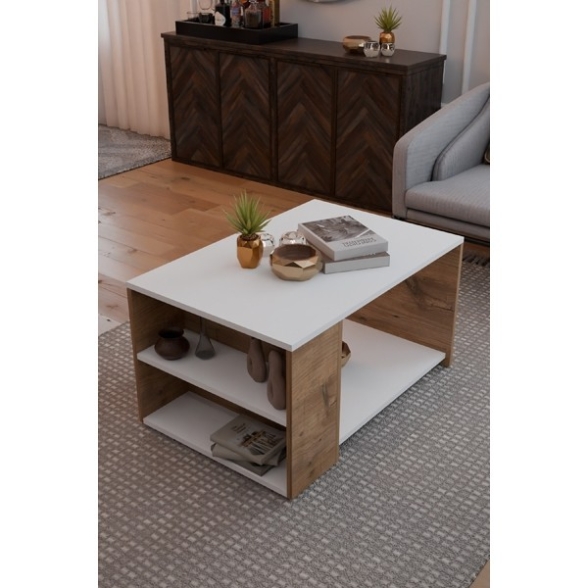 Tavolino Da Salotto Moderno 60x90 Vani Laterali Zeno Bianco e Rovere