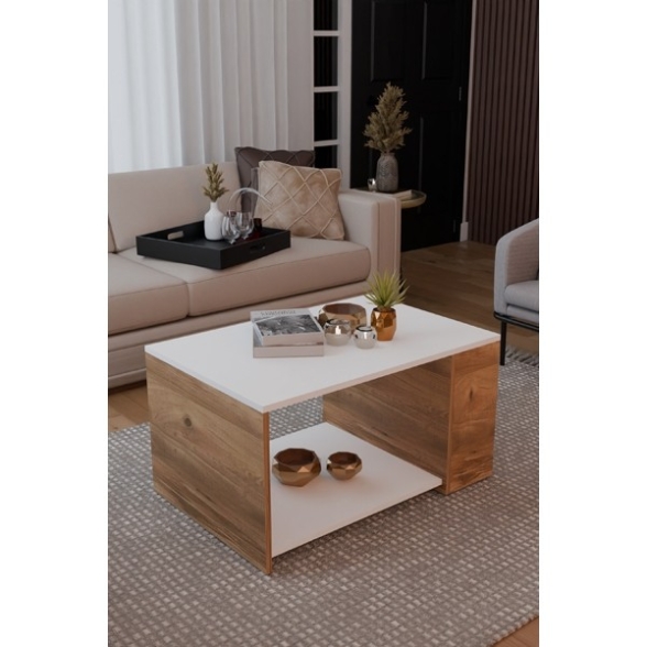 Tavolino Da Salotto Moderno 60x90 Vani Laterali Zeno Bianco e Rovere