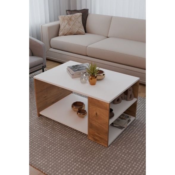 Tavolino Da Salotto Moderno 60x90 Vani Laterali Zeno Bianco e Rovere