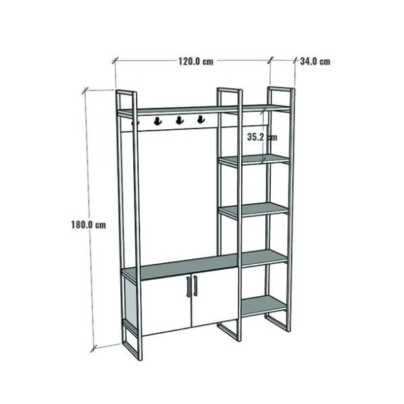 Mobile Ingresso Industrial 120x34x180 Con Scarpiera Appendiabiti E Ripiani Yago Antracite E Bianco
