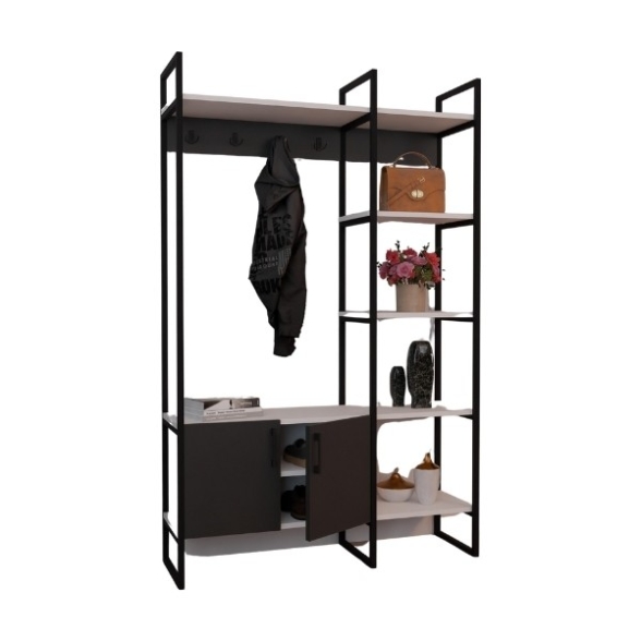 Mobile Ingresso Industrial 120x34x180 Con Scarpiera Appendiabiti E Ripiani Yago Antracite E Bianco