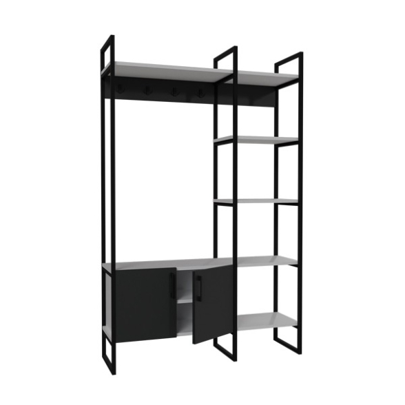 Mobile Ingresso Industrial 120x34x180 Con Scarpiera Appendiabiti E Ripiani Yago Antracite E Bianco
