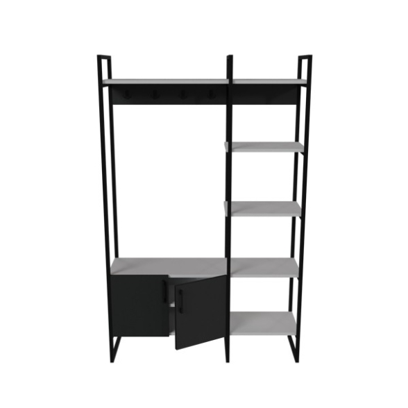 Mobile Ingresso Industrial 120x34x180 Con Scarpiera Appendiabiti E Ripiani Yago Antracite E Bianco