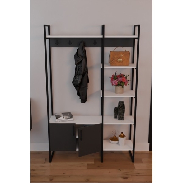 Mobile Ingresso Industrial 120x34x180 Con Scarpiera Appendiabiti E Ripiani Yago Antracite E Bianco