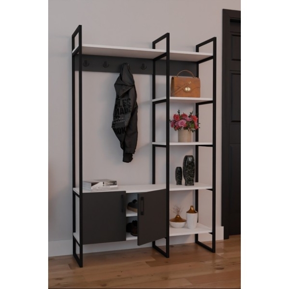 Mobile Ingresso Industrial 120x34x180 Con Scarpiera Appendiabiti E Ripiani Yago Antracite E Bianco