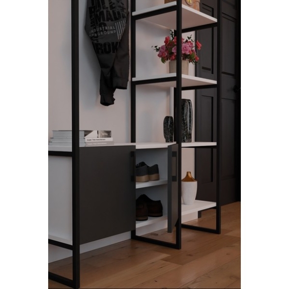 Mobile Ingresso Industrial 120x34x180 Con Scarpiera Appendiabiti E Ripiani Yago Antracite E Bianco