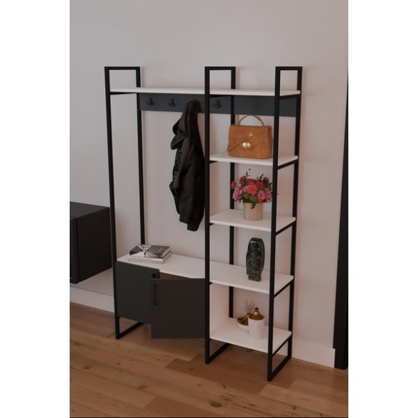 Mobile Ingresso Industrial 120x34x180 Con Scarpiera Appendiabiti E Ripiani Yago Antracite E Bianco