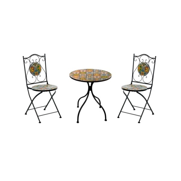 Set Bistrot Tavolo Maioliche Tondo 60 Cm Con 2 Sedie Pieghevoli Kos