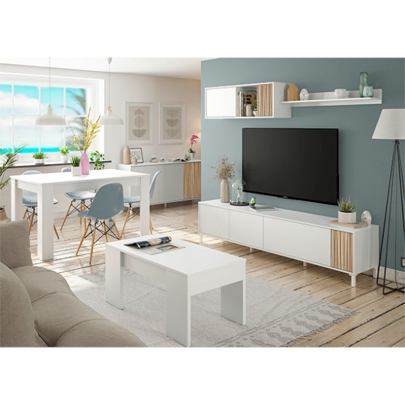 Credenza 3 Ante 154x40x70 Con Piedini Ethna Bianco E Rovere Listato