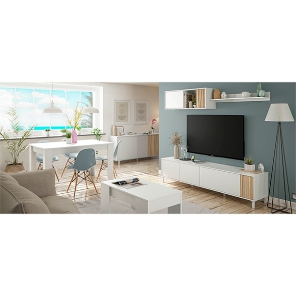 Credenza 3 Ante 154x40x70 Con Piedini Ethna Bianco E Rovere Listato