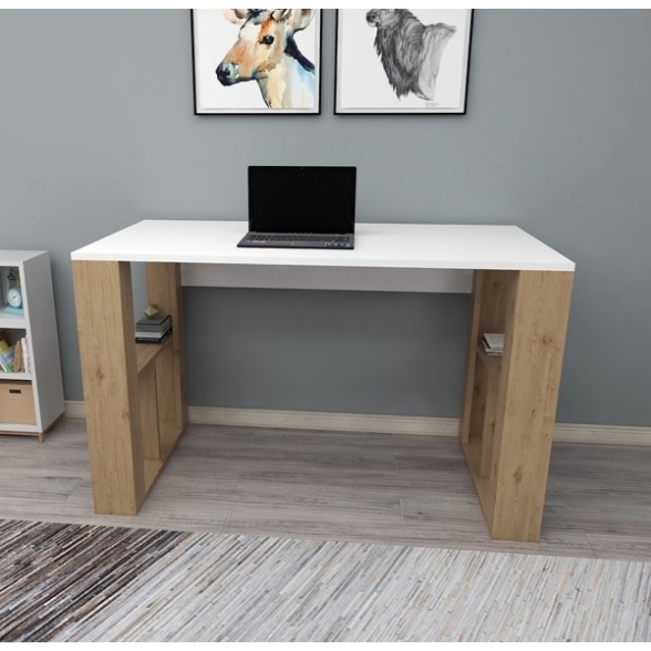 Scrivania Moderna Con Ripiani Laterali Breeze Bianco E Rovere Chiaro