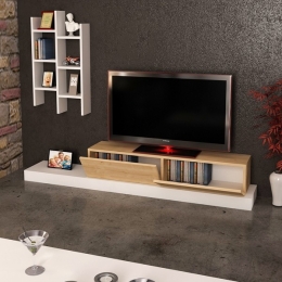 Mobile TV 180 Cm Con Pensili Laterali Malta Bianco E Rovere Chiaro