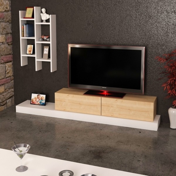 Mobile TV 180 Cm Con Pensili Laterali Malta Bianco E Rovere Chiaro