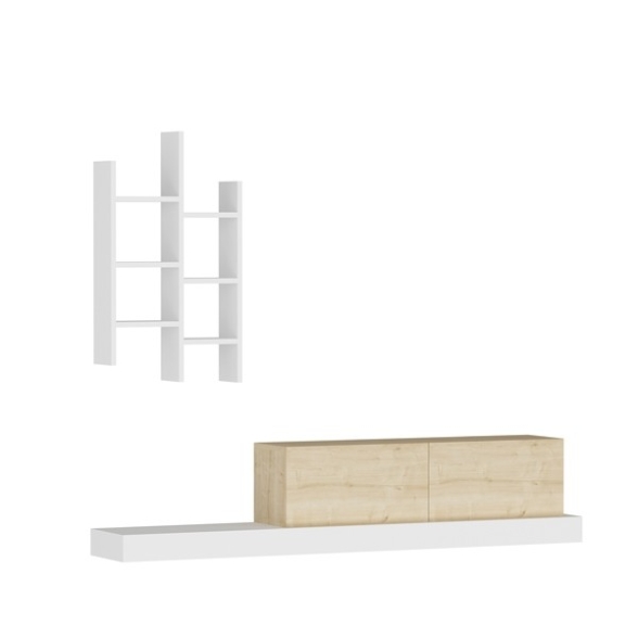 Mobile TV 180 Cm Con Pensili Laterali Malta Bianco E Rovere Chiaro