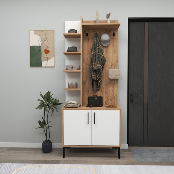 Mobile Ingresso Scarpiera E Cappottiera Teris Rovere Chiaro E Bianco