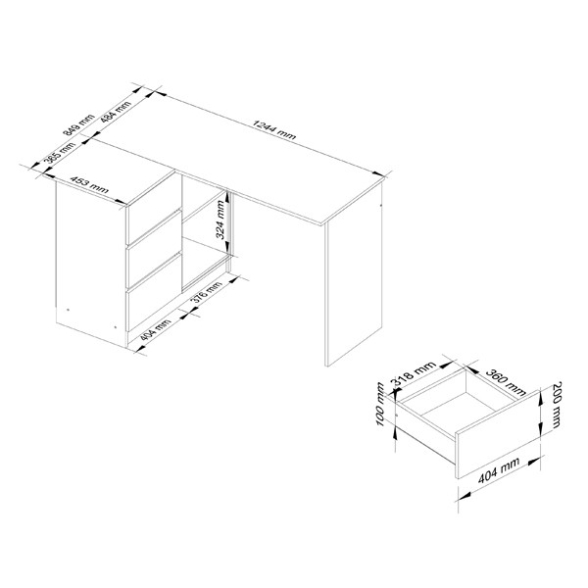 Scrivania Angolare 124 Cm 3 Cassetti Sinistra Bianco Opaco Artika