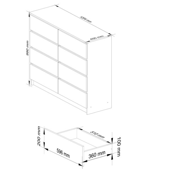 Cassettiera Credenza 120x40x100 Cm 8 Cassetti Artika Bianco Opaco