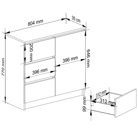Cassettiera Credenza 80 Cm 3 Cassetti 1 Anta Laterale Artika Bianca