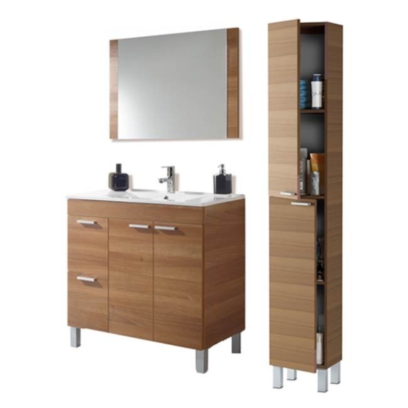 Mobile bagno 80 cm con colonna, lavabo e specchio color noce - Aktiva 98383