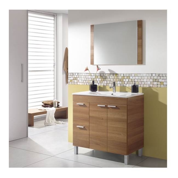 Mobile bagno 80 cm con colonna, lavabo e specchio color noce - Aktiva 98383
