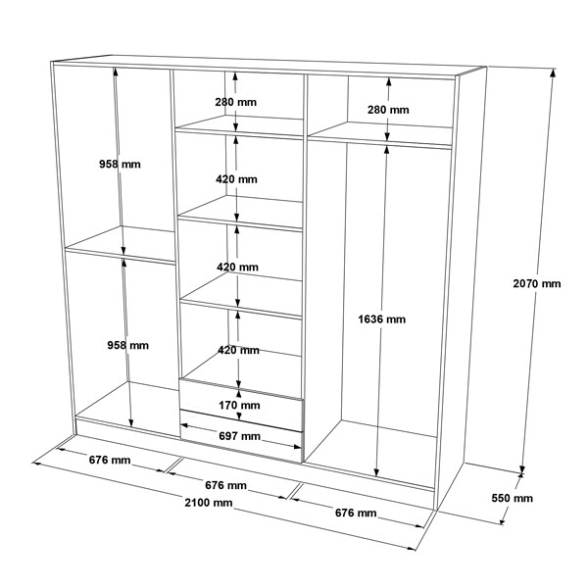 Armadio Guardaroba 6 Ante 2 Cassetti 210x55x207 Duke Rovere