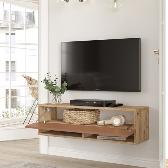 Mobile Tv Sospeso 100x32x30 Rovere E Rosso Frame 2 Vani