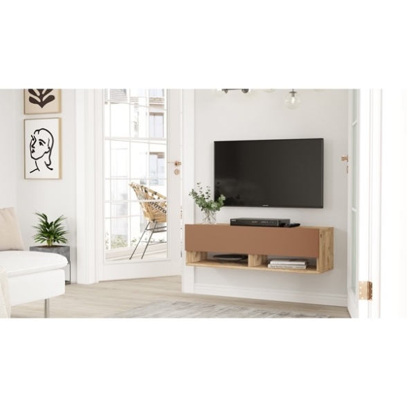 Mobile Tv Sospeso 100x32x30 Rovere E Rosso Frame 2 Vani