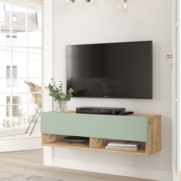 Mobile Tv Sospeso 100x32x30 Rovere E Verde Frame 2 Vani
