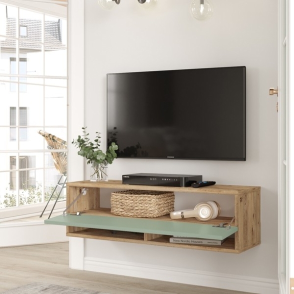 Mobile Tv Sospeso 100x32x30 Rovere E Verde Frame 2 Vani