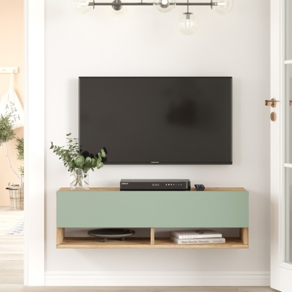 Mobile Tv Sospeso 100x32x30 Rovere E Verde Frame 2 Vani