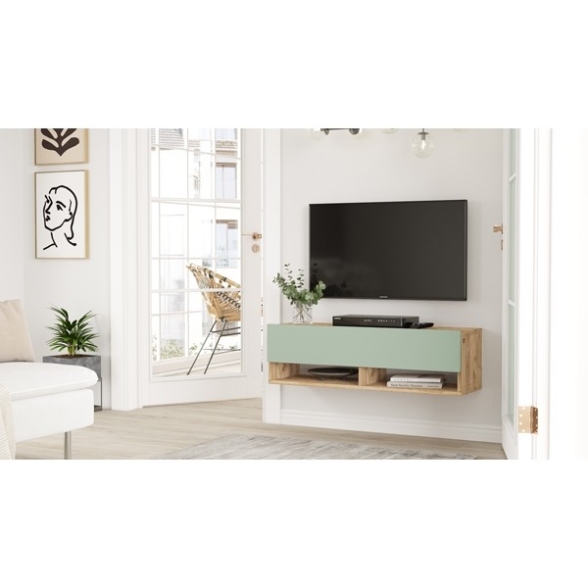 Mobile Tv Sospeso 100x32x30 Rovere E Verde Frame 2 Vani