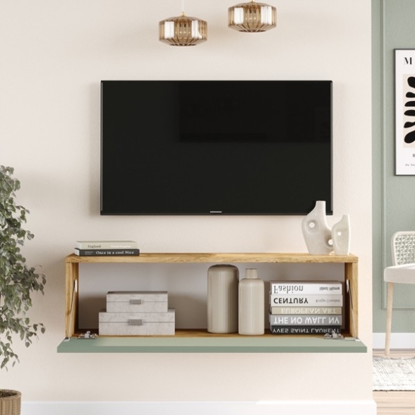 Mobile TV Sospeso 100x32x30 Verde E Rovere Con Vano Frame
