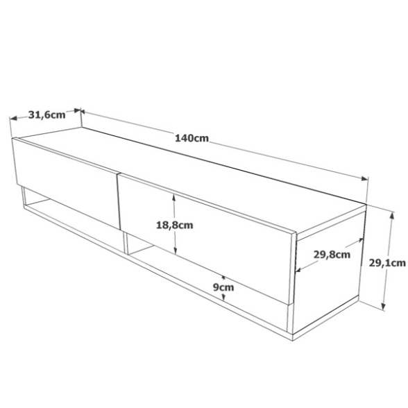 Mobile Tv Sospeso 140x32x30 Effetto Legno 2 Vani Rovere E Rosso Frame 