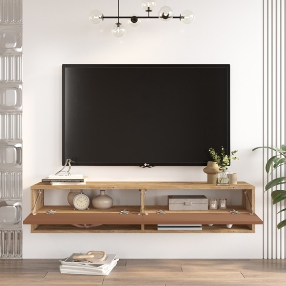Mobile Tv Sospeso 140x32x30 Effetto Legno 2 Vani Rovere E Rosso Frame 