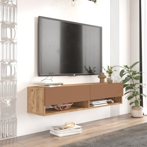 Mobile Tv Sospeso 140x32x30 Effetto Legno 2 Vani Rovere E Rosso Frame 