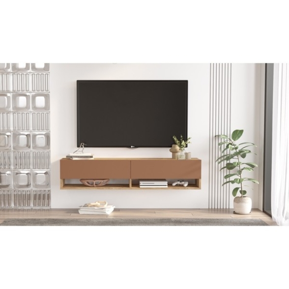 Mobile Tv Sospeso 140x32x30 Effetto Legno 2 Vani Rovere E Rosso Frame 