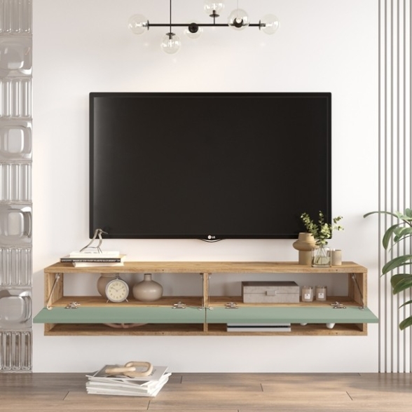 Mobile Tv Sospeso 140x32x30 Effetto Legno 2 Vani Rovere E Verde Frame 