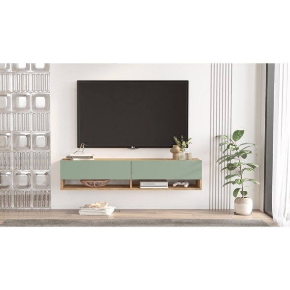 Mobile Tv Sospeso 140x32x30 Effetto Legno 2 Vani Rovere E Verde Frame 
