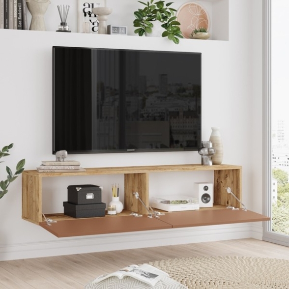 Mobile Tv Sospeso 140x32x30 Rovere E Rosso Mattone Frame
