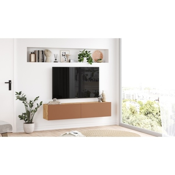 Mobile Tv Sospeso 140x32x30 Rovere E Rosso Mattone Frame