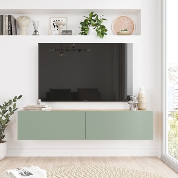 Mobile Tv Sospeso 140x32x30 Rovere E Verde Salvia Frame
