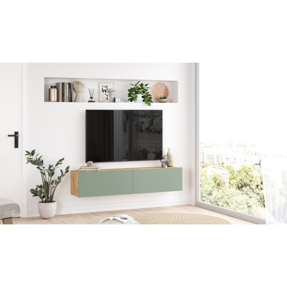 Mobile Tv Sospeso 140x32x30 Rovere E Verde Salvia Frame
