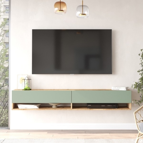 Mobile Tv Sospeso 180 Cm 2 Vani Rovere E Verde Salvia Frame