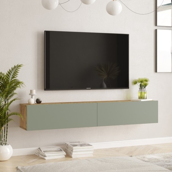 Mobile Tv Sospeso 180x32x30 Rovere E Verde Salvia Frame