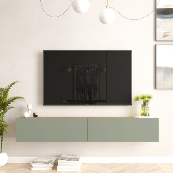 Mobile Tv Sospeso 180x32x30 Rovere E Verde Salvia Frame