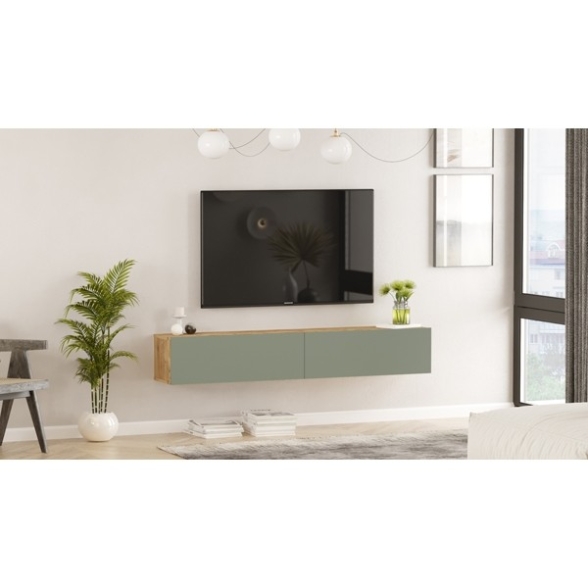 Mobile Tv Sospeso 180x32x30 Rovere E Verde Salvia Frame