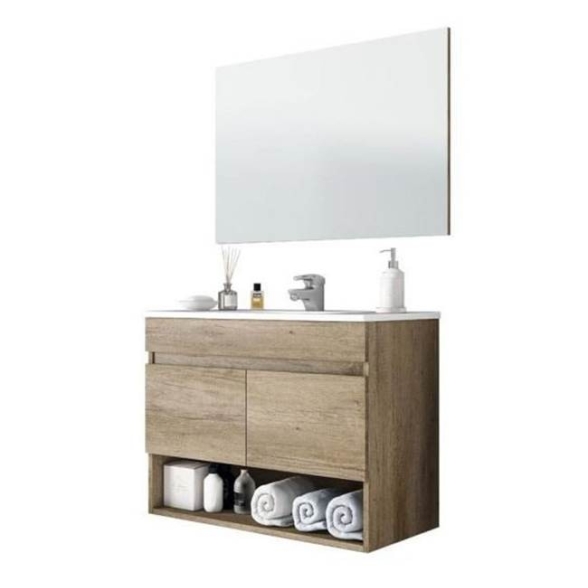 Mobile bagno sospeso 80 cm con lavabo e specchio rovere - Dakota 96250