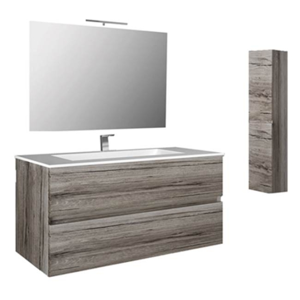 Mobile bagno sospeso 80 cm con specchio, lavabo e colonna rovere grigio - Splash 93220