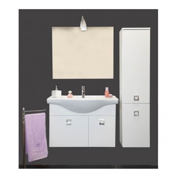 Mobile bagno sospeso 85 cm con lavabo, specchio e colonna bianco lucido - Brillo 95018